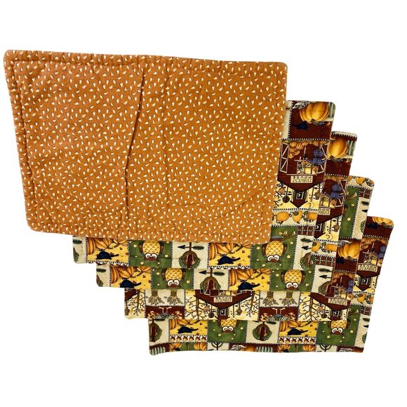 Set Of 4 Autumn Harvest Patchwork Placemats With Fall Motifs & Reversible Design - Picture 3 of 4